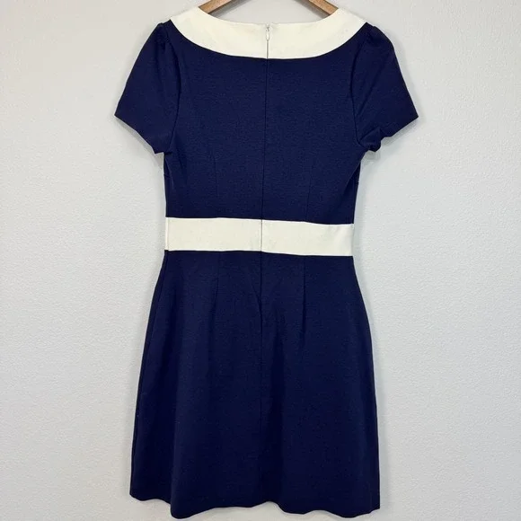 Boden Dress Women's 8 Navy Cream Colorblock Scoop Neck Fit & Flare Knit Work - Picture 4 of 16